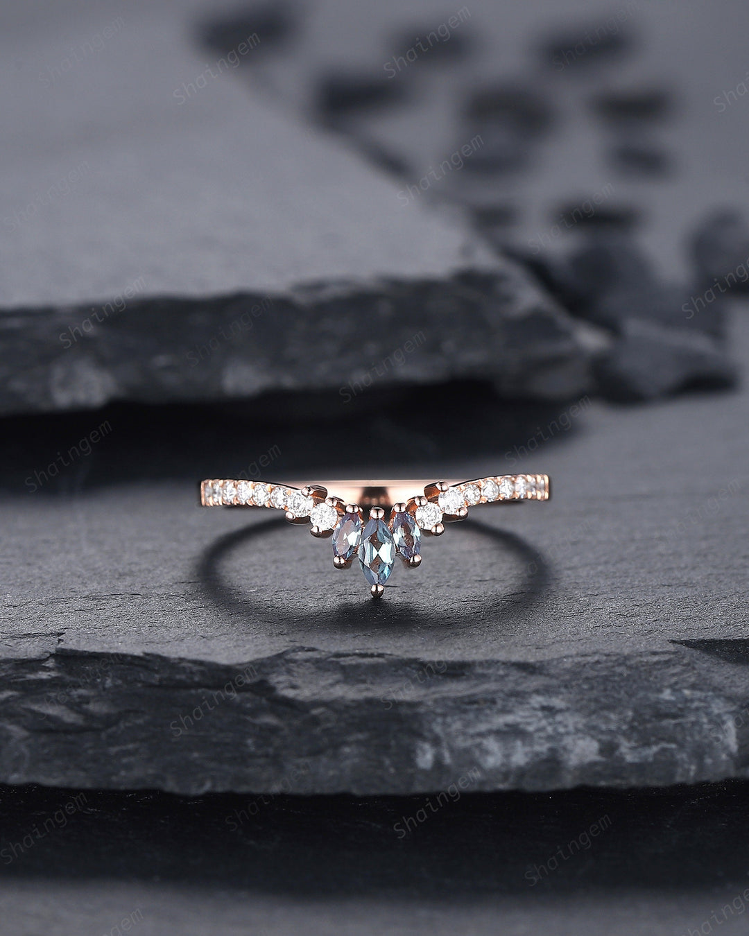 V Shaped Marquise Alexandrite Wedding Band, Rose Gold Alexandrite Engagement Band, Curved Matching Band, Stacking Anniversary Ring Enhancer - ShainJewelry