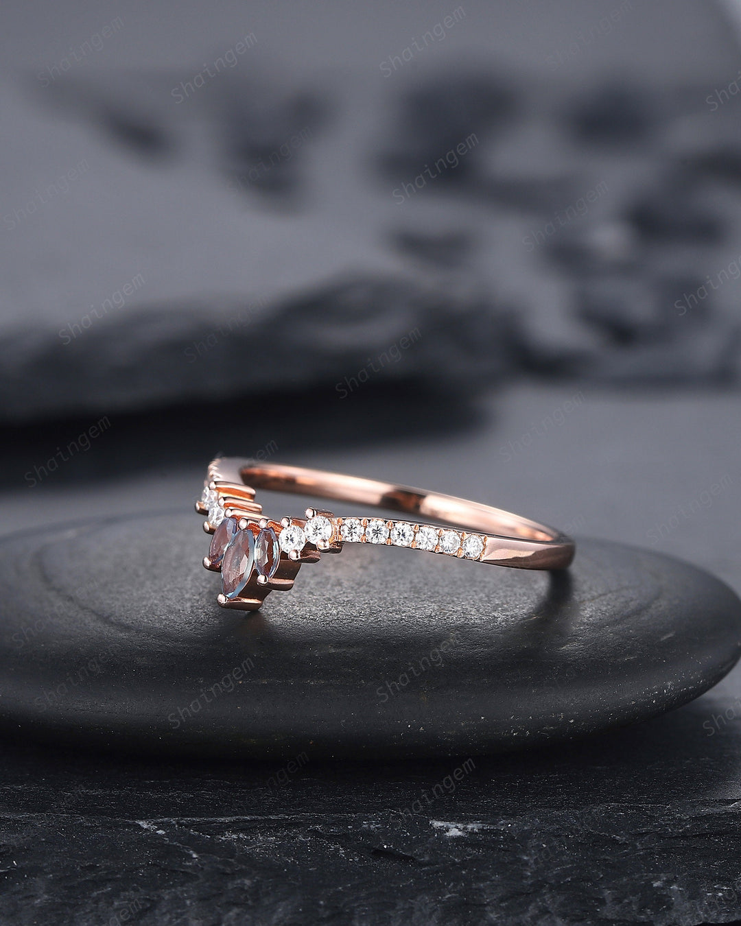V Shaped Marquise Alexandrite Wedding Band, Rose Gold Alexandrite Engagement Band, Curved Matching Band, Stacking Anniversary Ring Enhancer - ShainJewelry