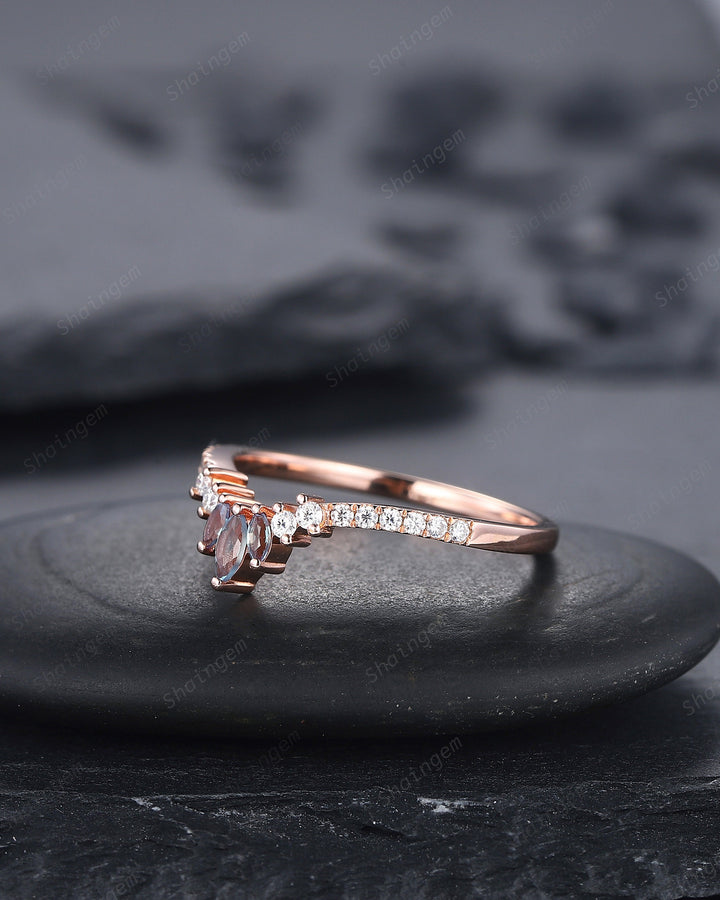 V Shaped Marquise Alexandrite Wedding Band, Rose Gold Alexandrite Engagement Band, Curved Matching Band, Stacking Anniversary Ring Enhancer - ShainJewelry