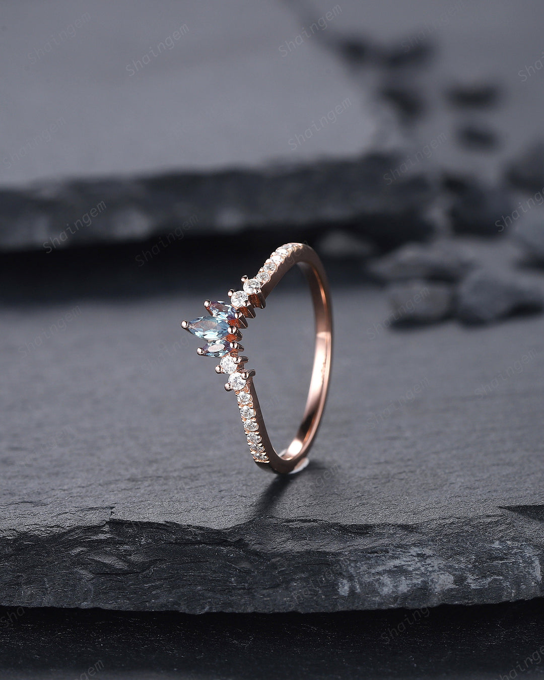 V Shaped Marquise Alexandrite Wedding Band, Rose Gold Alexandrite Engagement Band, Curved Matching Band, Stacking Anniversary Ring Enhancer - ShainJewelry