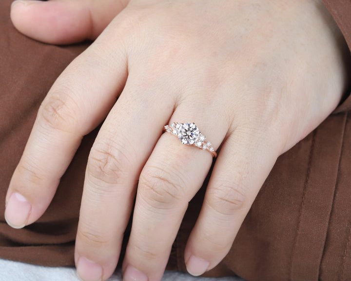 1.2CT Unique Round Cluster Moissanite Ring Diamond Engagement Ring, 14K Rose Gold Moissanite Promise Wedding Anniversary Ring Gift For Women - ShainJewelry