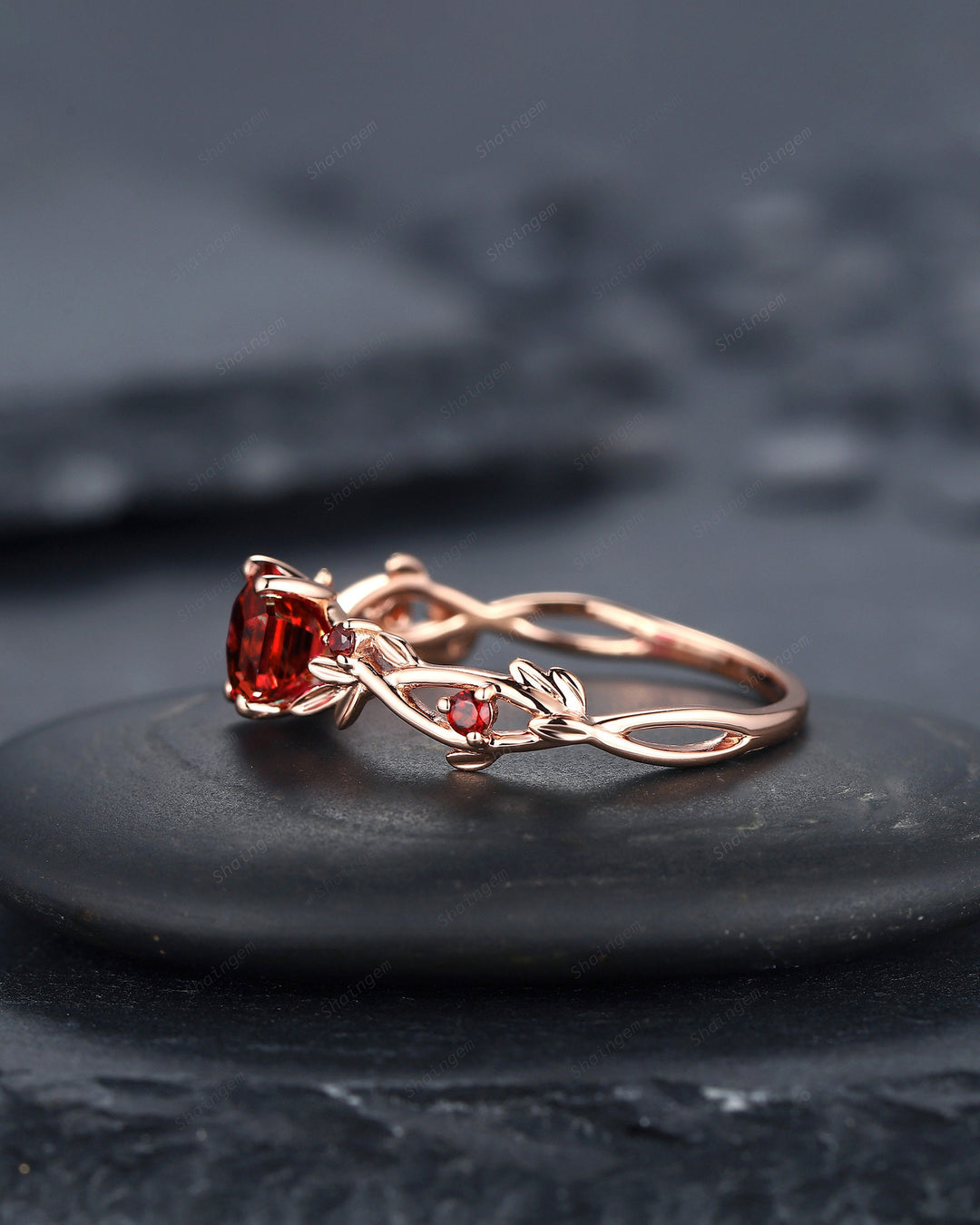 Vintage Hexagon Cut Garnet Leaf Engagement Ring Dainty Twig Promise Ring Unique 14K Rose Gold January Birthday Wedding Ring Gift for Women - ShainJewelry