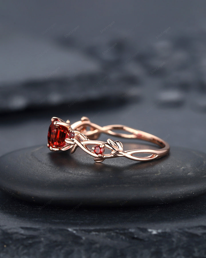 Vintage Hexagon Cut Garnet Leaf Engagement Ring Dainty Twig Promise Ring Unique 14K Rose Gold January Birthday Wedding Ring Gift for Women - ShainJewelry