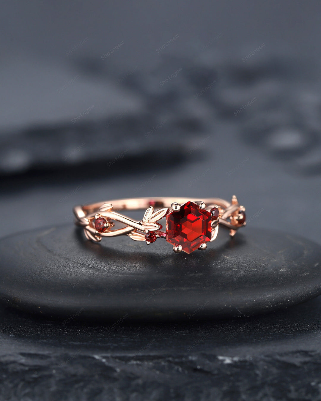 Vintage Hexagon Cut Garnet Leaf Engagement Ring Dainty Twig Promise Ring Unique 14K Rose Gold January Birthday Wedding Ring Gift for Women - ShainJewelry