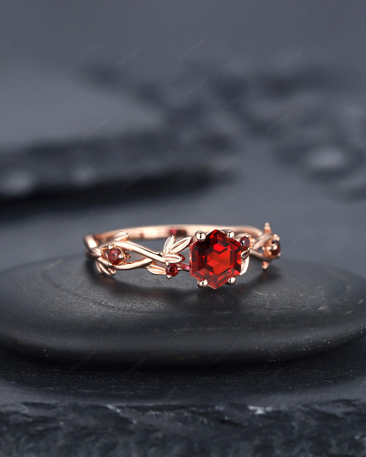 Vintage Hexagon Cut Garnet Leaf Engagement Ring Dainty Twig Promise Ring Unique 14K Rose Gold January Birthday Wedding Ring Gift for Women - ShainJewelry