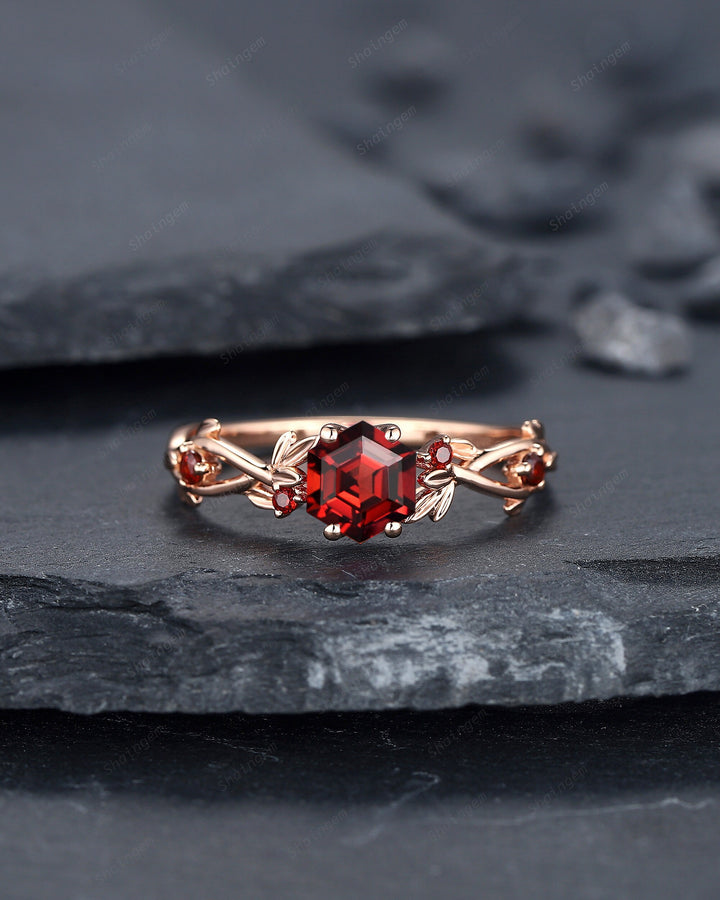 Vintage Hexagon Cut Garnet Leaf Engagement Ring Dainty Twig Promise Ring Unique 14K Rose Gold January Birthday Wedding Ring Gift for Women - ShainJewelry