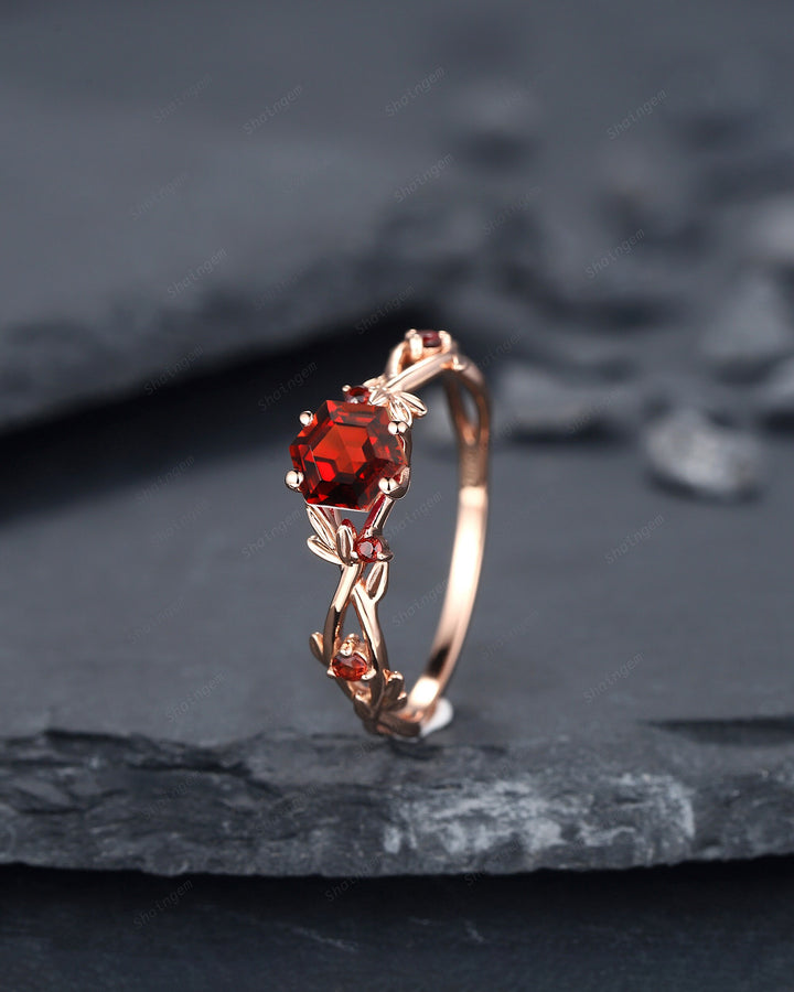 Vintage Hexagon Cut Garnet Leaf Engagement Ring Dainty Twig Promise Ring Unique 14K Rose Gold January Birthday Wedding Ring Gift for Women - ShainJewelry