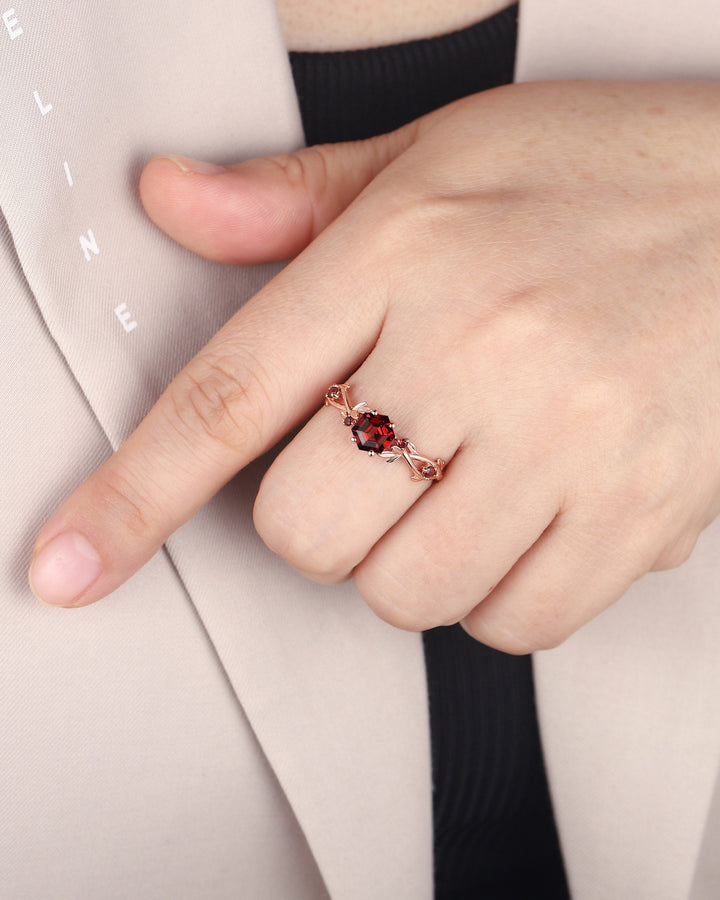 Vintage Hexagon Cut Garnet Leaf Engagement Ring Dainty Twig Promise Ring Unique 14K Rose Gold January Birthday Wedding Ring Gift for Women - ShainJewelry