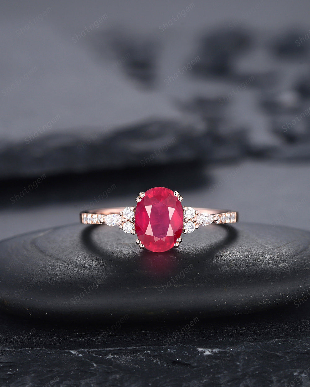 Vintage Oval Shape Natural Ruby Engagement Ring, Unique 14K Rose Gold Ruby and Diamond Wedding Promise Ring, Half Eternity Ruby Promise Ring - ShainJewelry