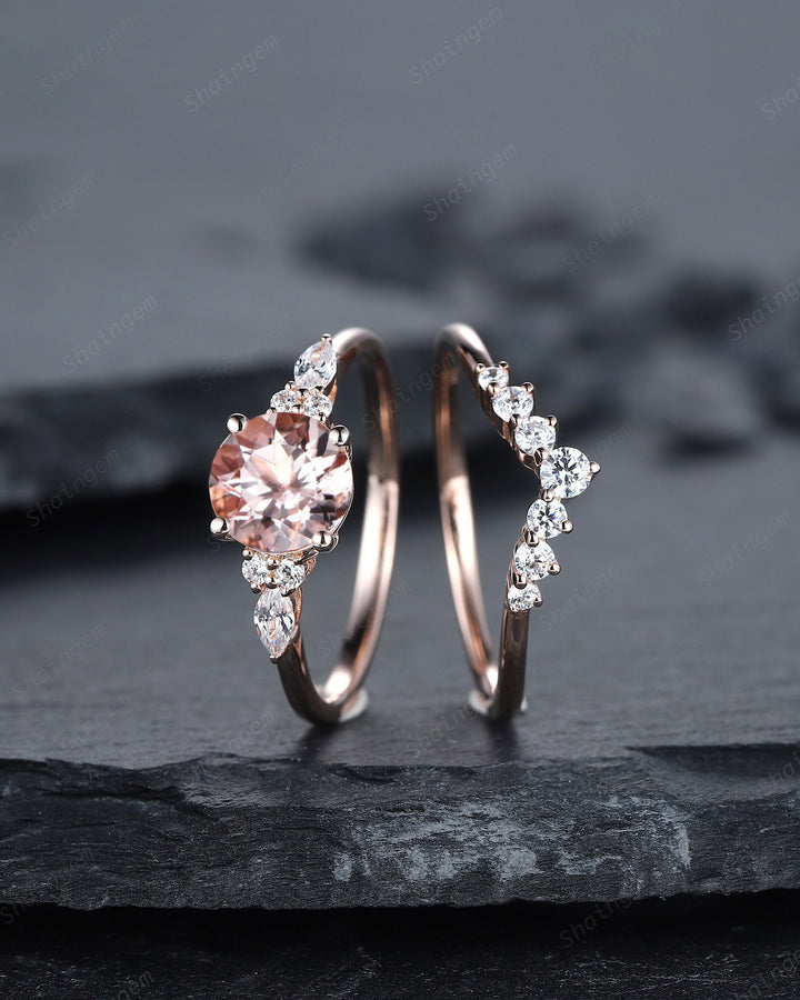 Unique Round Pink Morganite Engagement Ring Set, Vintage Morganite and Diamond Wedding Ring, 14K Rose Gold Morganite Promise Ring Gift - ShainJewelry