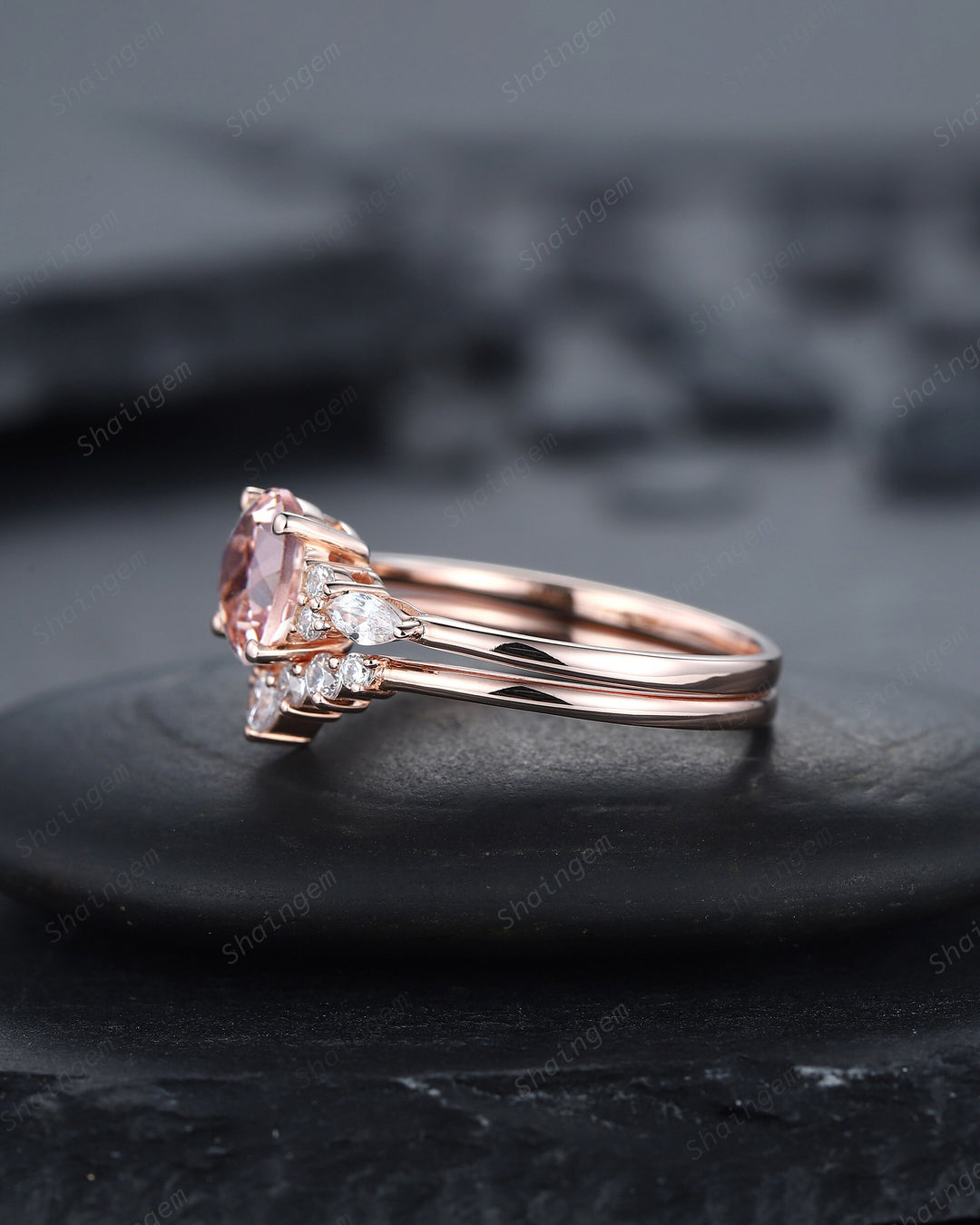Unique Round Pink Morganite Engagement Ring Set, Vintage Morganite and Diamond Wedding Ring, 14K Rose Gold Morganite Promise Ring Gift - ShainJewelry