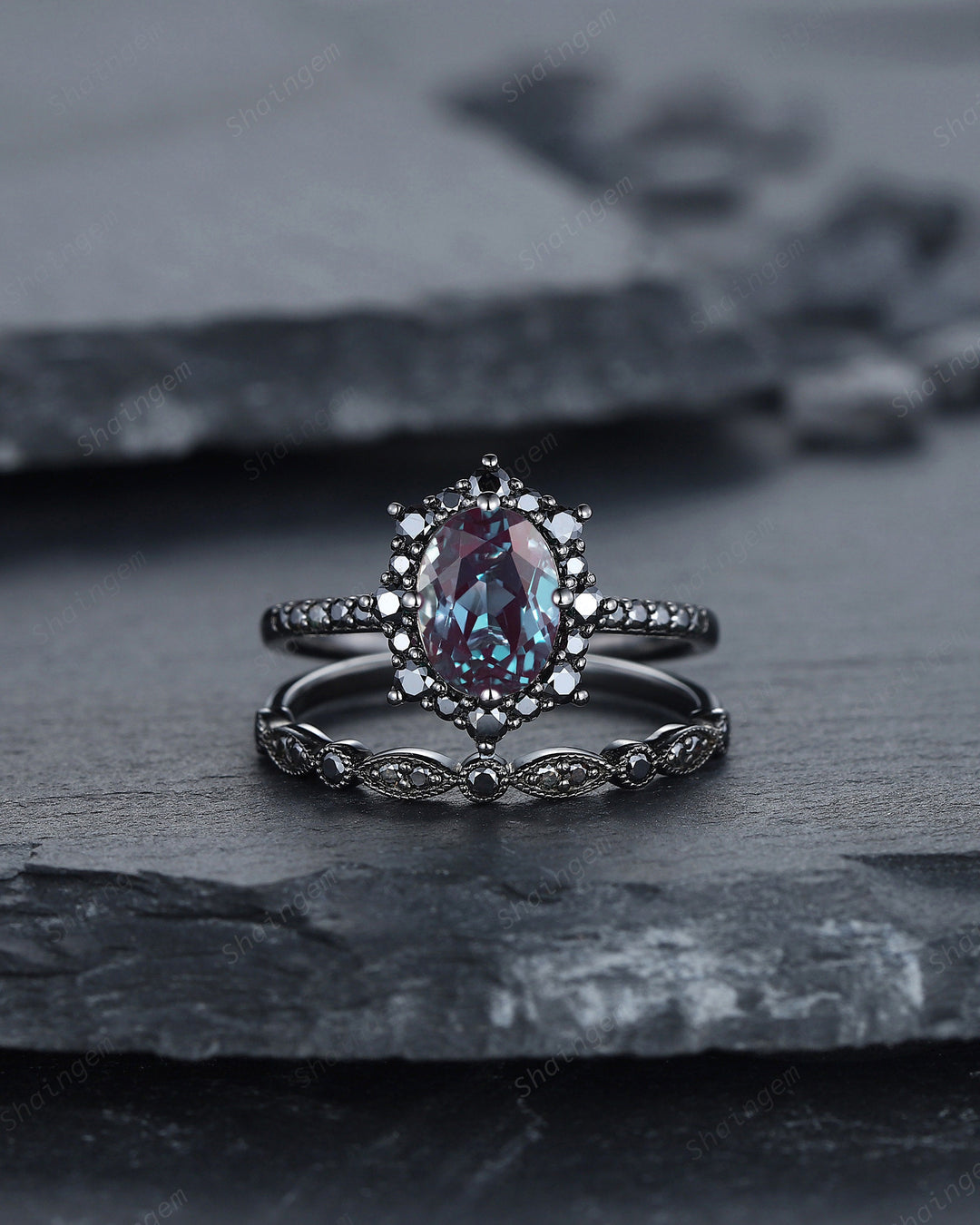 Gothic Black Oval Cut Alexandrite Halo Engagement Ring Set, Punk Black Gold Promise Ring Unique Rhodium Black Moissanite Bridal Set for her - ShainJewelry