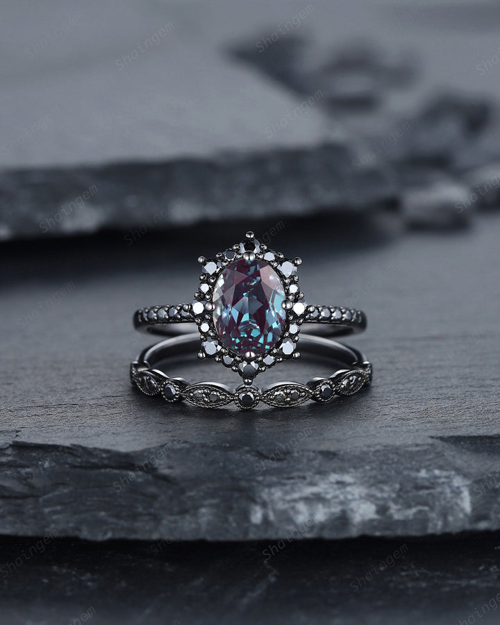 Gothic Black Oval Cut Alexandrite Halo Engagement Ring Set, Punk Black Gold Promise Ring Unique Rhodium Black Moissanite Bridal Set for her - ShainJewelry