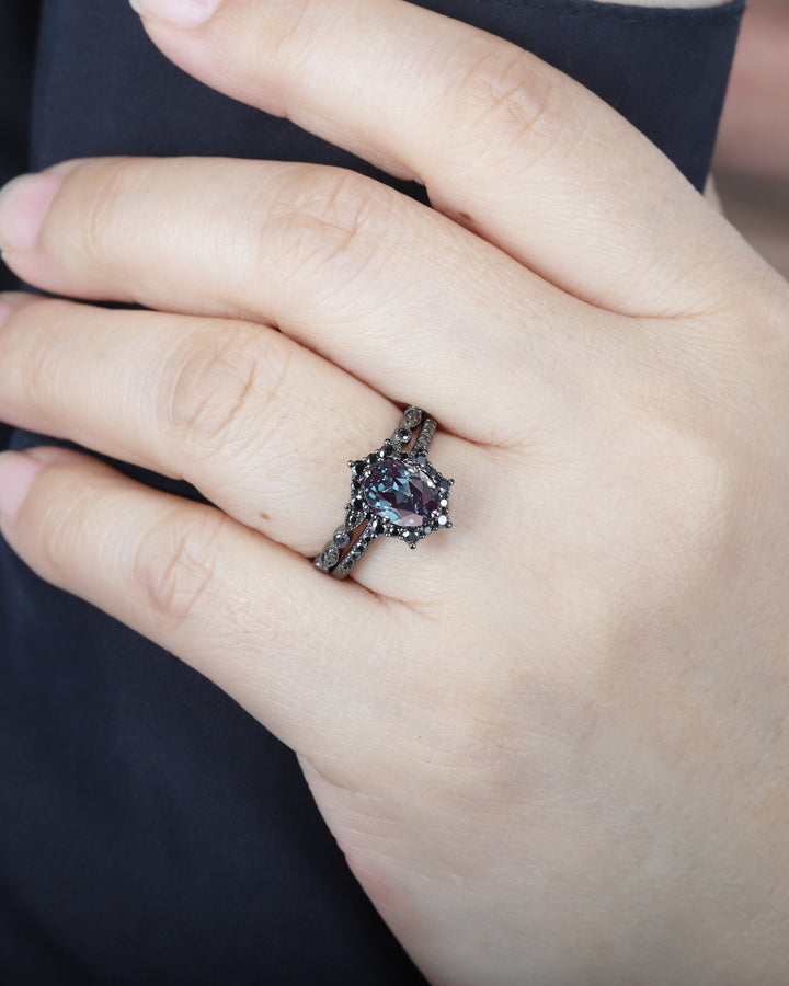 Gothic Black Oval Cut Alexandrite Halo Engagement Ring Set, Punk Black Gold Promise Ring Unique Rhodium Black Moissanite Bridal Set for her - ShainJewelry