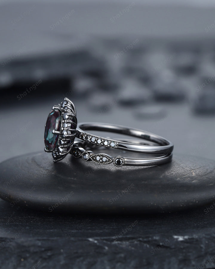 Gothic Black Oval Cut Alexandrite Halo Engagement Ring Set, Punk Black Gold Promise Ring Unique Rhodium Black Moissanite Bridal Set for her - ShainJewelry