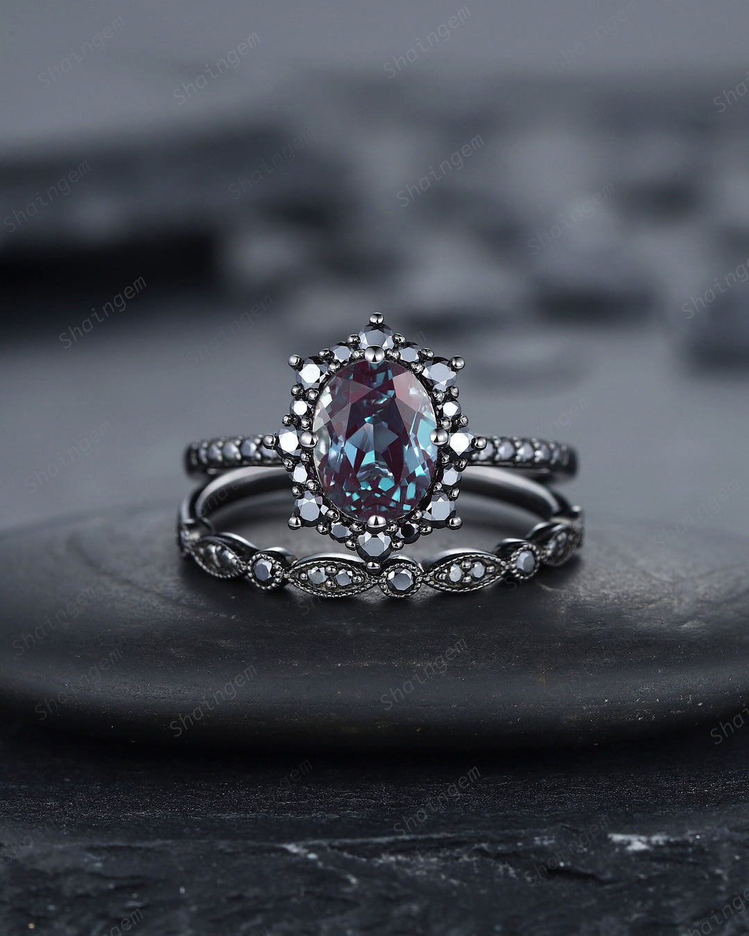 Gothic Black Oval Cut Alexandrite Halo Engagement Ring Set, Punk Black Gold Promise Ring Unique Rhodium Black Moissanite Bridal Set for her - ShainJewelry