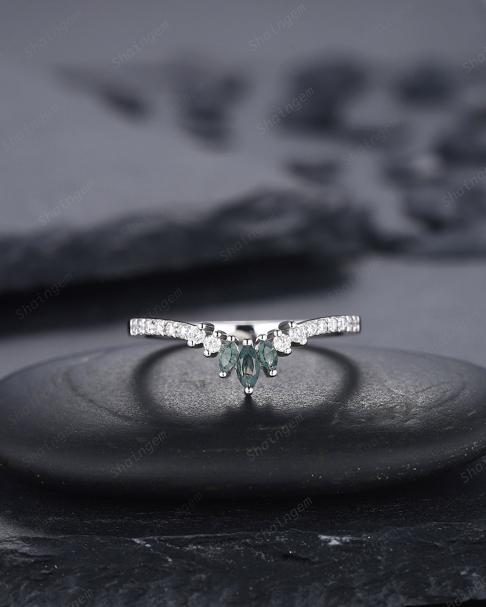 V Shaped Marquise Moss Agate Wedding Band, White Gold Moss Agate Engagement Band, Curved Matching Band, Stacking Anniversary Ring Enhancer - ShainJewelry