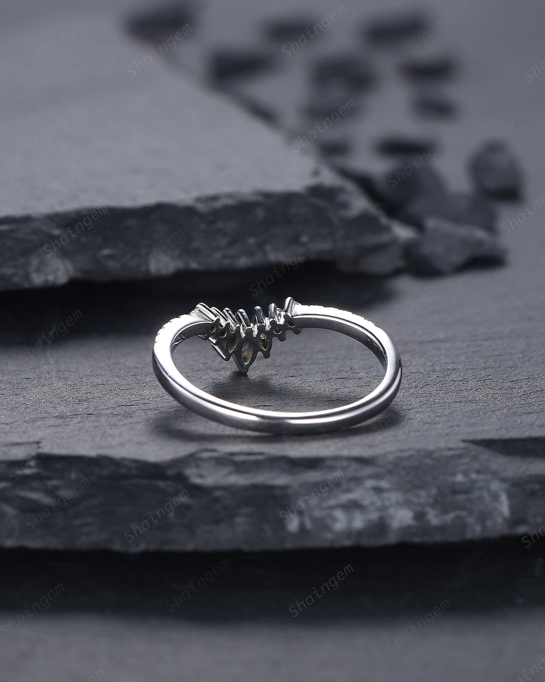 V Shaped Marquise Moss Agate Wedding Band, White Gold Moss Agate Engagement Band, Curved Matching Band, Stacking Anniversary Ring Enhancer - ShainJewelry