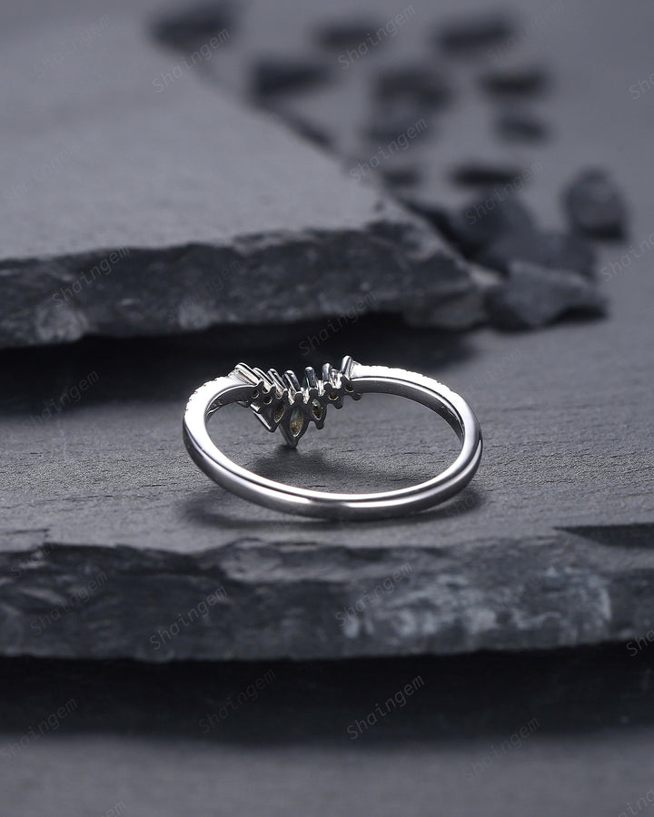 V Shaped Marquise Moss Agate Wedding Band, White Gold Moss Agate Engagement Band, Curved Matching Band, Stacking Anniversary Ring Enhancer - ShainJewelry