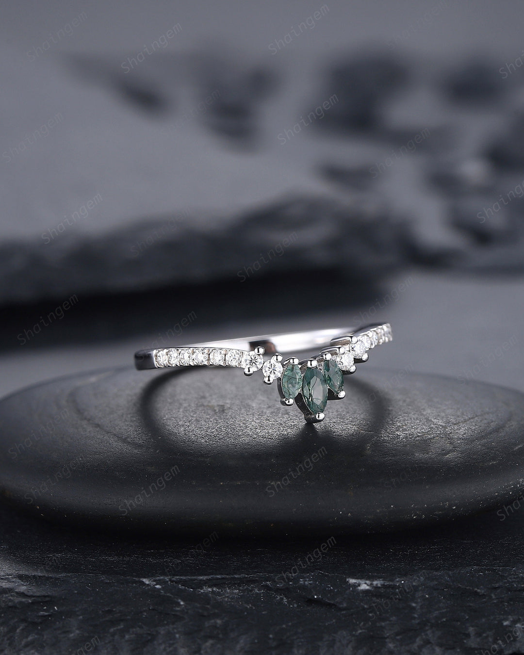 V Shaped Marquise Moss Agate Wedding Band, White Gold Moss Agate Engagement Band, Curved Matching Band, Stacking Anniversary Ring Enhancer - ShainJewelry