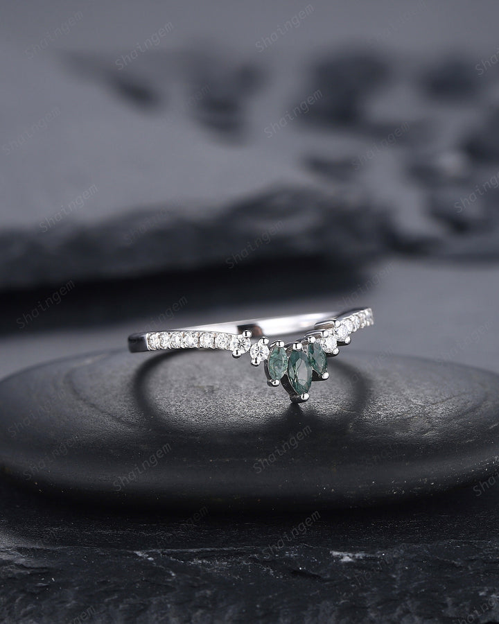 V Shaped Marquise Moss Agate Wedding Band, White Gold Moss Agate Engagement Band, Curved Matching Band, Stacking Anniversary Ring Enhancer - ShainJewelry