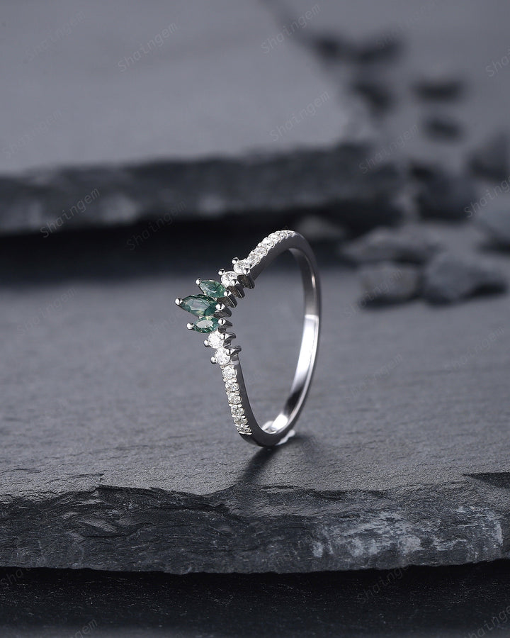 V Shaped Marquise Moss Agate Wedding Band, White Gold Moss Agate Engagement Band, Curved Matching Band, Stacking Anniversary Ring Enhancer - ShainJewelry