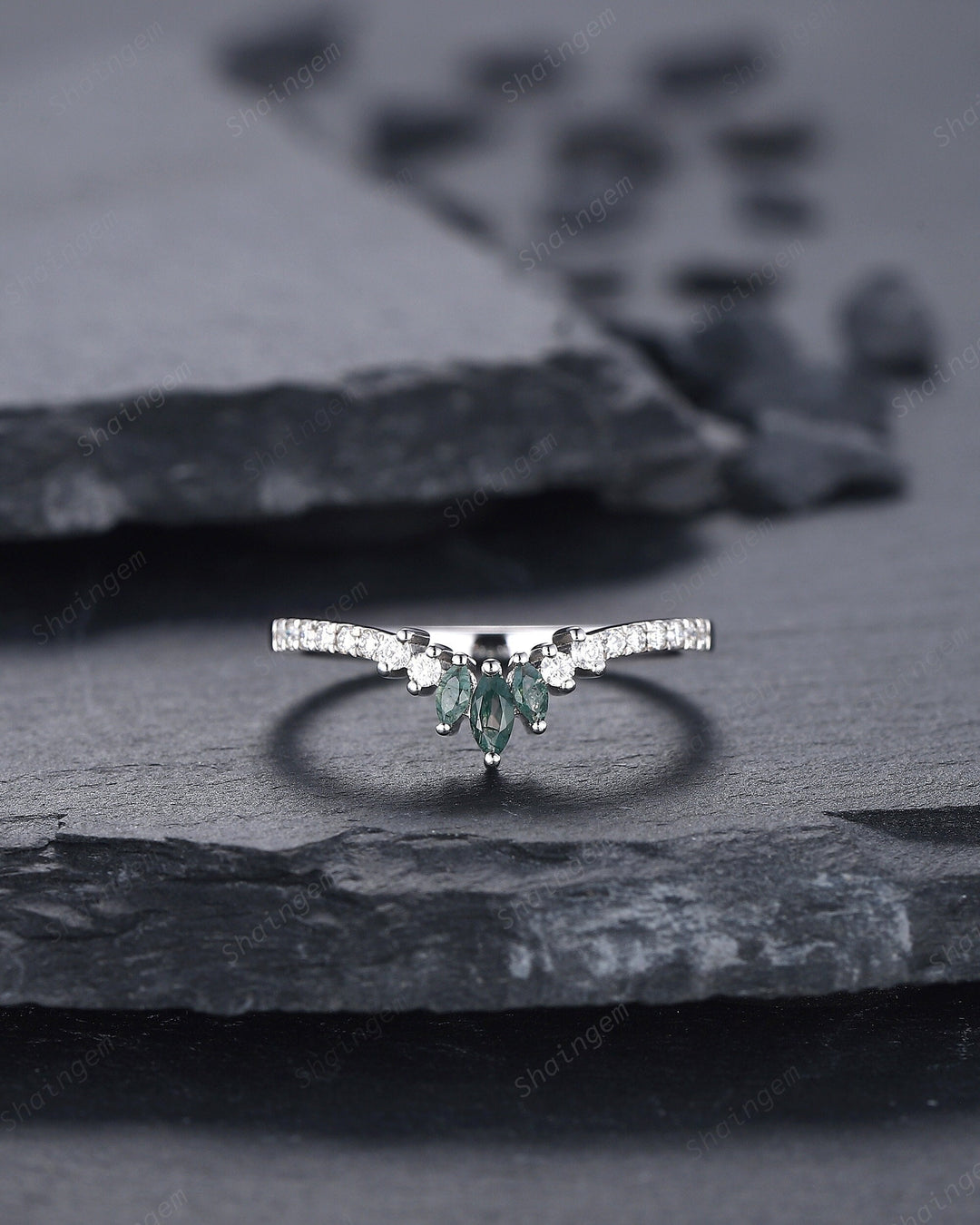 V Shaped Marquise Moss Agate Wedding Band, White Gold Moss Agate Engagement Band, Curved Matching Band, Stacking Anniversary Ring Enhancer - ShainJewelry
