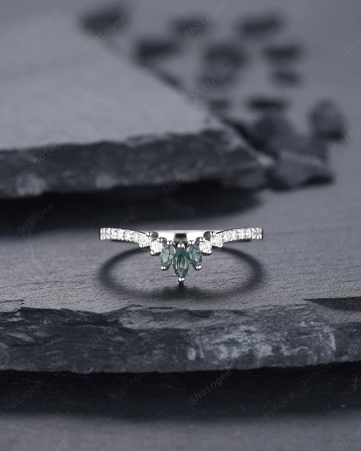 V Shaped Marquise Moss Agate Wedding Band, White Gold Moss Agate Engagement Band, Curved Matching Band, Stacking Anniversary Ring Enhancer - ShainJewelry