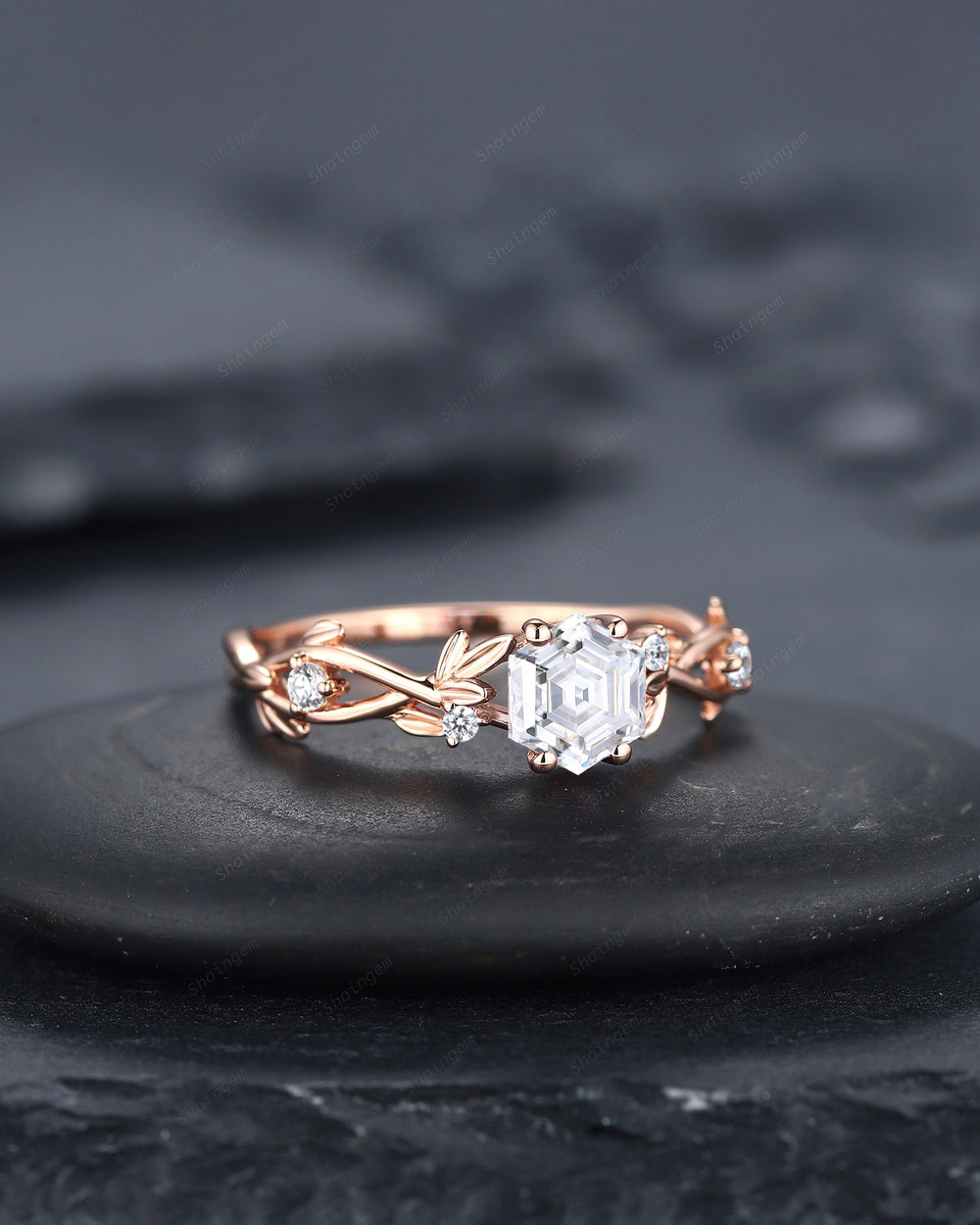 Vintage Hexagon Cut Moissanite Leaf Engagement Ring, Twig Branch Moissanite Promise Ring Unique 14K Rose Gold Wedding Ring Gift for Women - ShainJewelry
