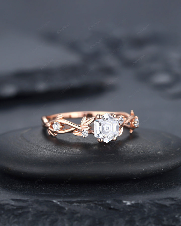 Vintage Hexagon Cut Moissanite Leaf Engagement Ring, Twig Branch Moissanite Promise Ring Unique 14K Rose Gold Wedding Ring Gift for Women - ShainJewelry