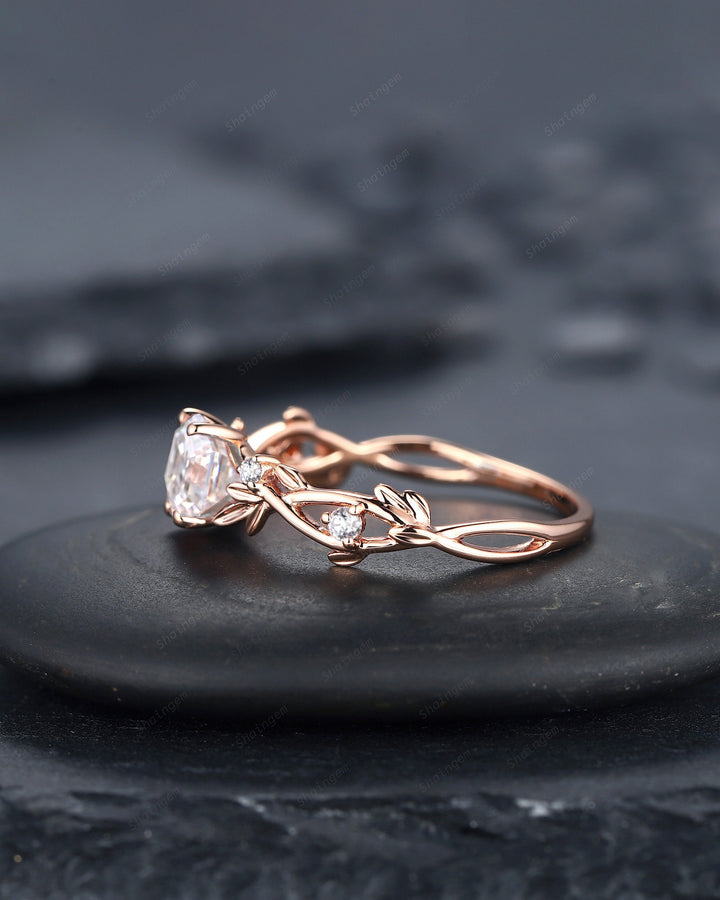 Vintage Hexagon Cut Moissanite Leaf Engagement Ring, Twig Branch Moissanite Promise Ring Unique 14K Rose Gold Wedding Ring Gift for Women - ShainJewelry