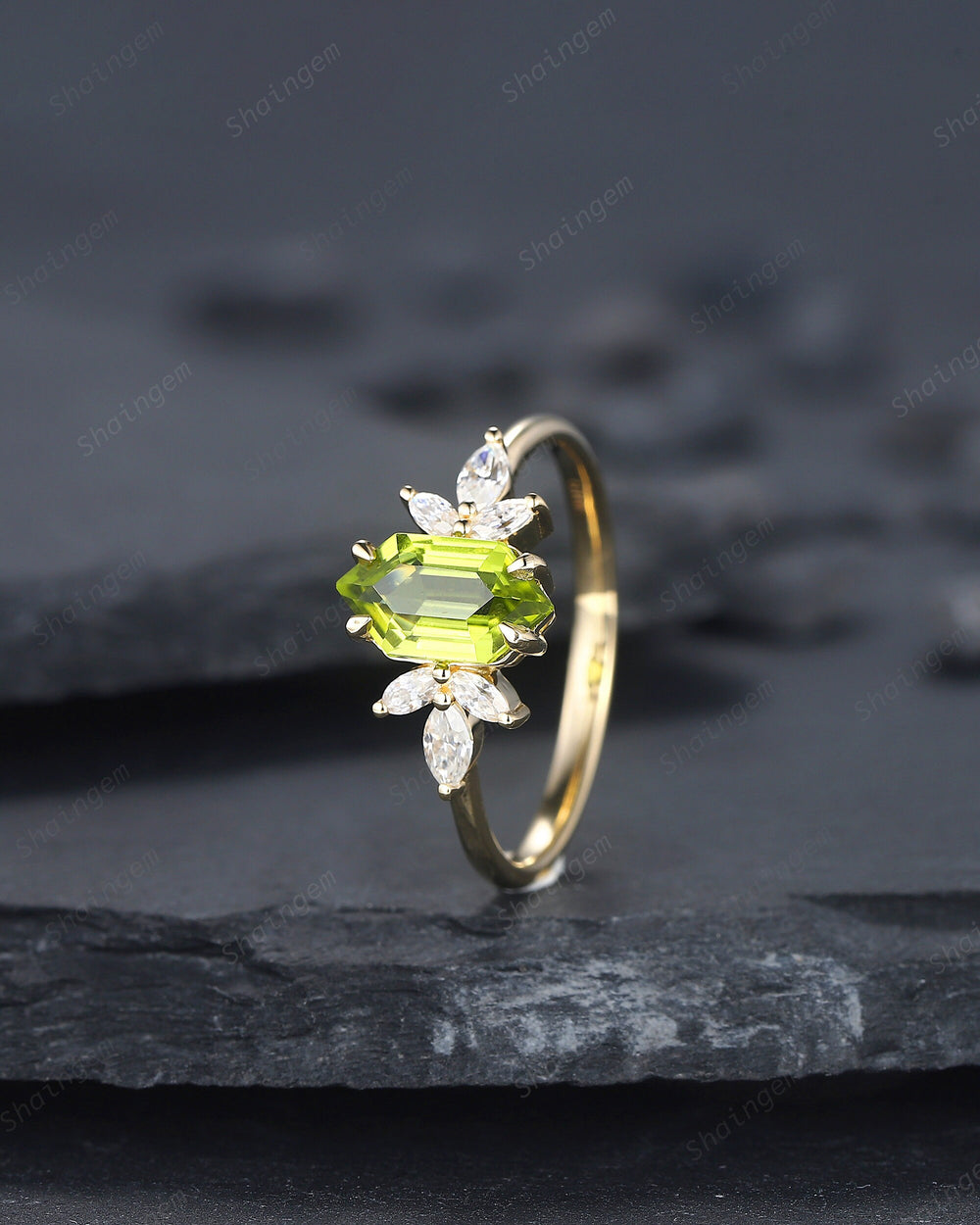 Vintage Long Hexagon Peridot Engagement Ring, Unique 14K Gold Cluster Peridot Wedding Ring, Marquise Moissanite Promise Ring Gift For her - ShainJewelry