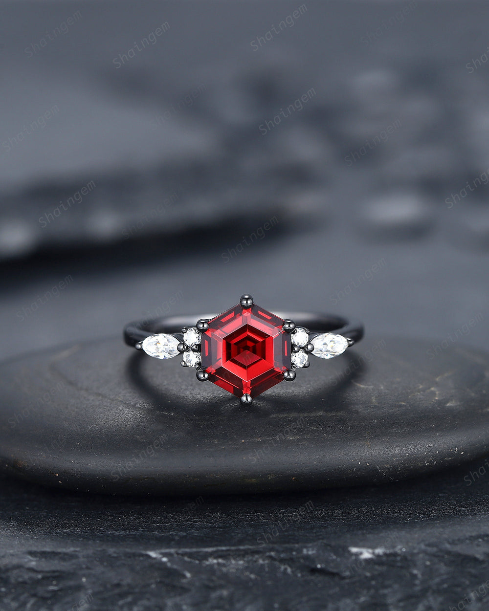 Vintage Black Gold Hexagon Garnet Engagement Ring, Rhodium Black Garnet Promise Ring, Black Anniversary Ring, Gothic Wedding Ring Gift - ShainJewelry