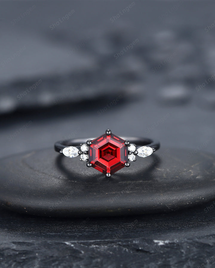 Vintage Black Gold Hexagon Garnet Engagement Ring, Rhodium Black Garnet Promise Ring, Black Anniversary Ring, Gothic Wedding Ring Gift - ShainJewelry