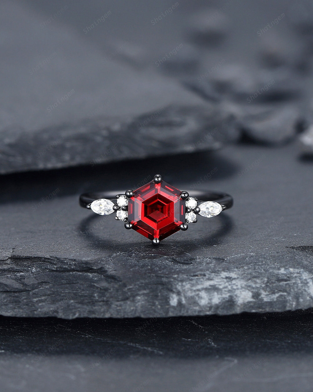 Vintage Black Gold Hexagon Garnet Engagement Ring, Rhodium Black Garnet Promise Ring, Black Anniversary Ring, Gothic Wedding Ring Gift - ShainJewelry