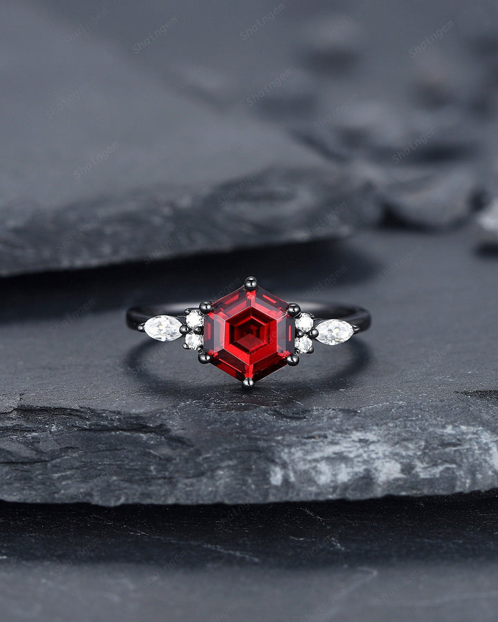 Vintage Black Gold Hexagon Garnet Engagement Ring, Rhodium Black Garnet Promise Ring, Black Anniversary Ring, Gothic Wedding Ring Gift - ShainJewelry