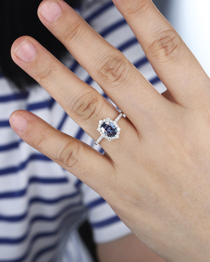 Vintage Oval Shape Alexandrite Engagement Ring, Unique 14K White Gold Floral Halo Wedding Promise Ring, Alexandrite Anniversary Ring Gift - ShainJewelry