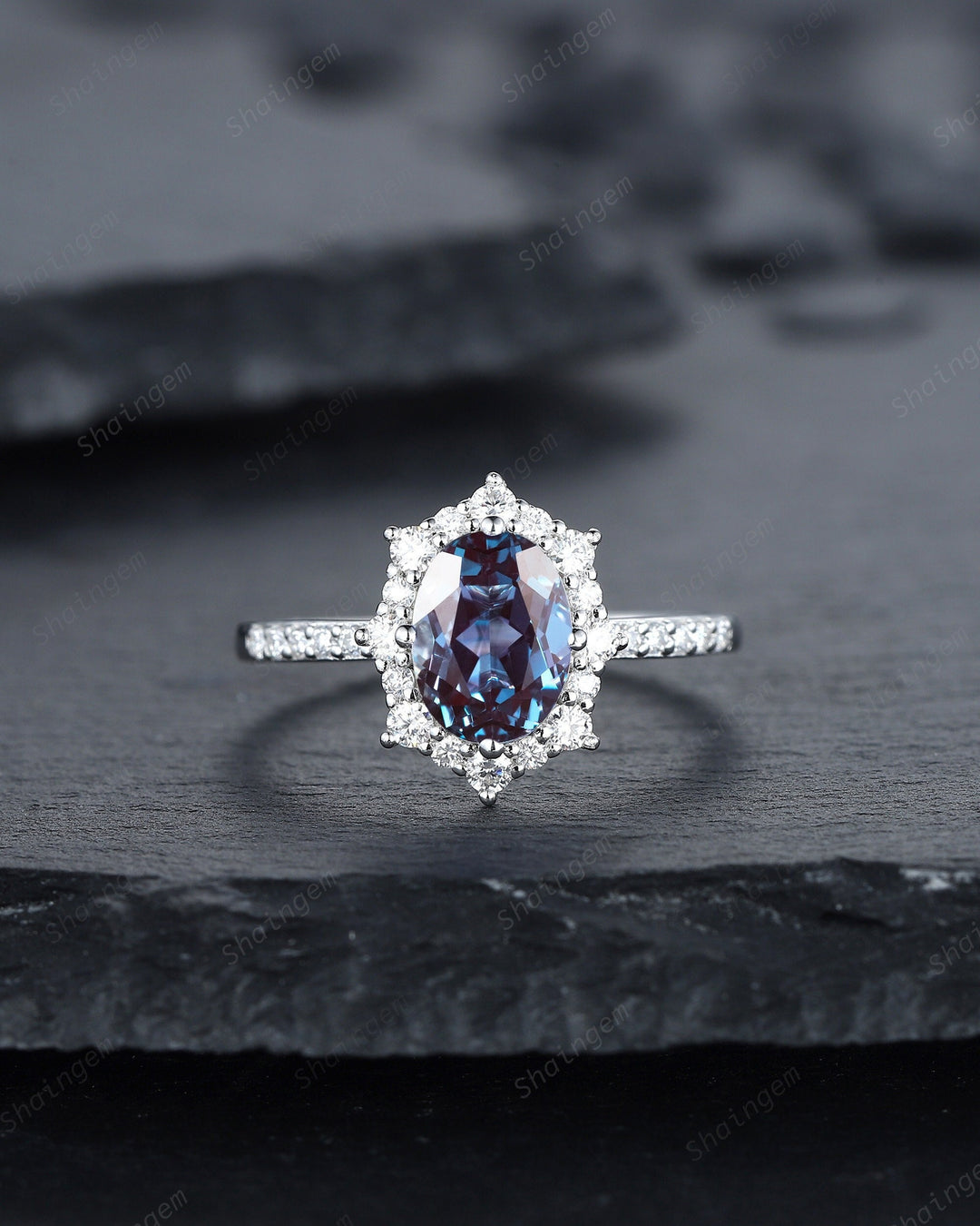 Vintage Oval Shape Alexandrite Engagement Ring, Unique 14K White Gold Floral Halo Wedding Promise Ring, Alexandrite Anniversary Ring Gift - ShainJewelry