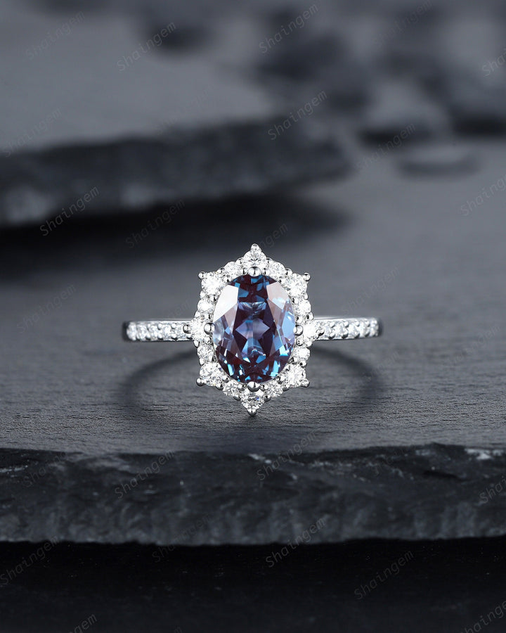 Vintage Oval Shape Alexandrite Engagement Ring, Unique 14K White Gold Floral Halo Wedding Promise Ring, Alexandrite Anniversary Ring Gift - ShainJewelry