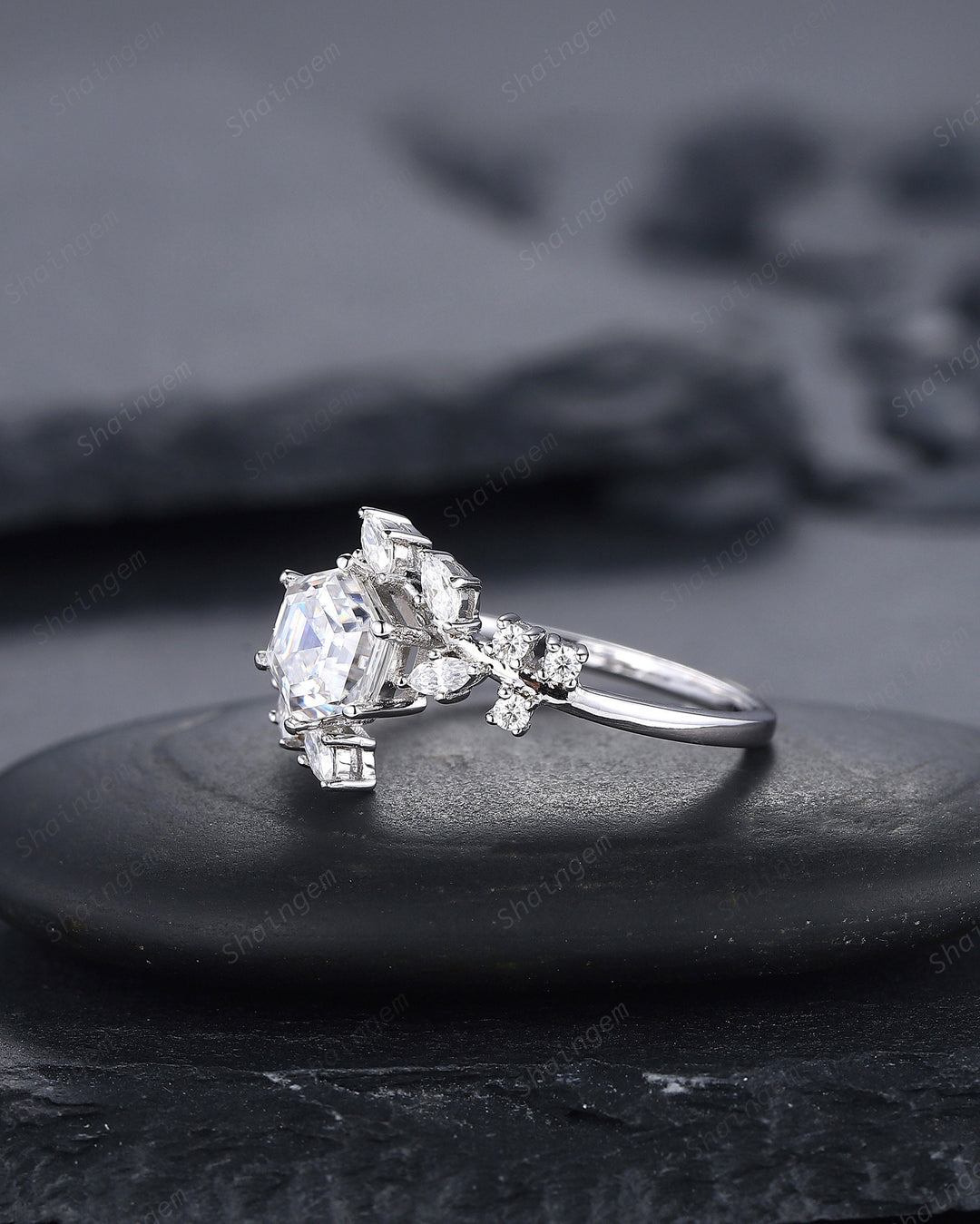 Vintage Hexagon Moissanite and Diamond Engagement Ring, 14K 18K White Gold Moissanite Leaf Promise Ring, Twig Branch Moissanite Wedding Ring - ShainJewelry