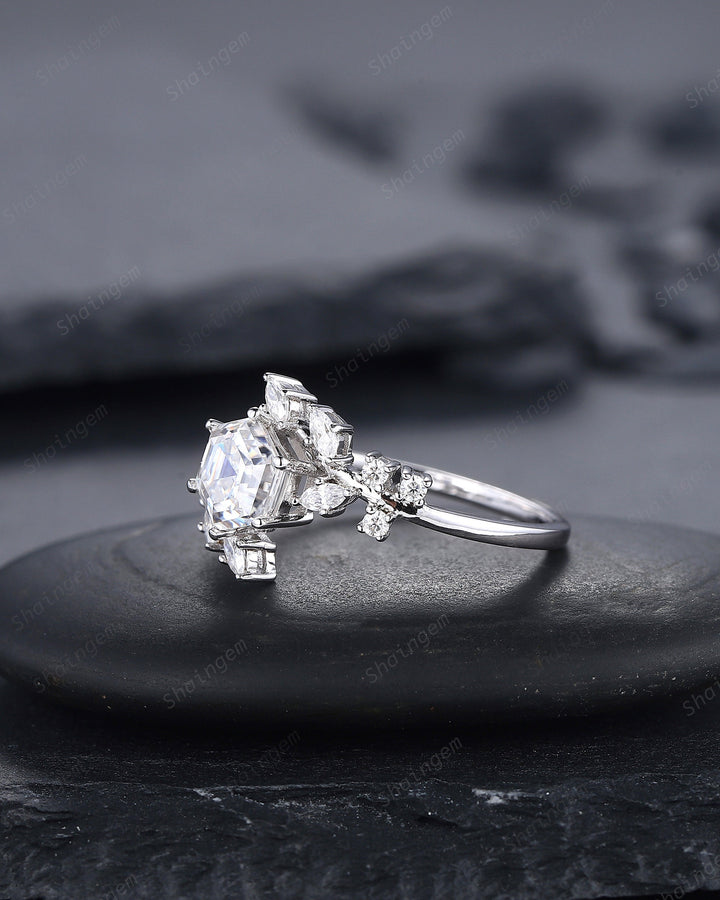 Vintage Hexagon Moissanite and Diamond Engagement Ring, 14K 18K White Gold Moissanite Leaf Promise Ring, Twig Branch Moissanite Wedding Ring - ShainJewelry