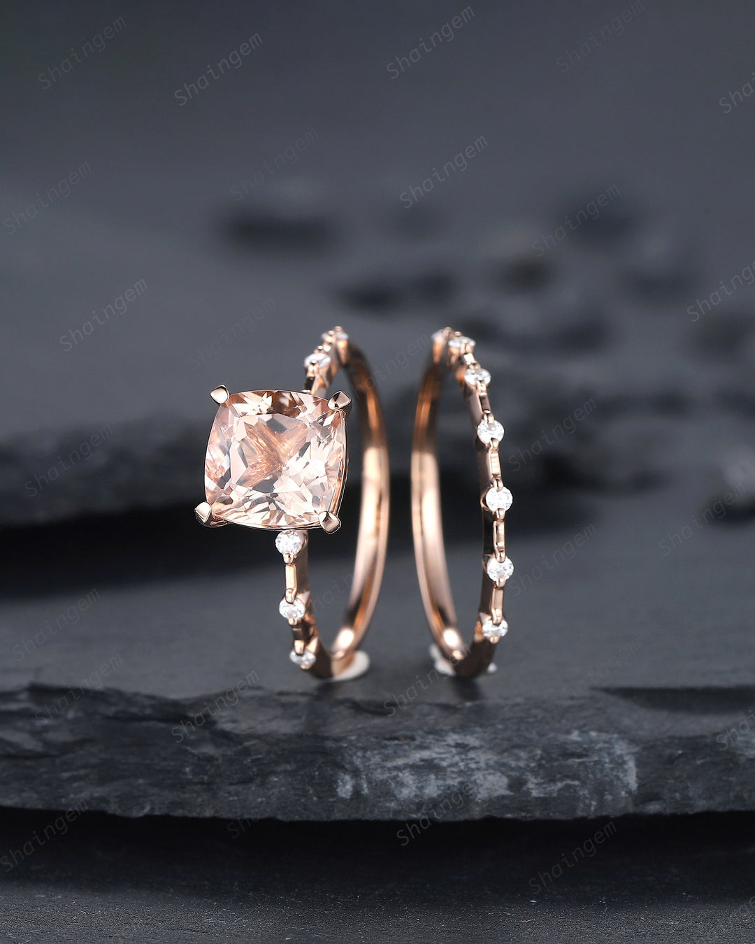 Vintage Cushion Cut Pink Morganite and Diamond Engagement Ring Set, Unique Morganite Wedding Set, Art Deco Rose Gold Bridal Set Promise Ring - ShainJewelry