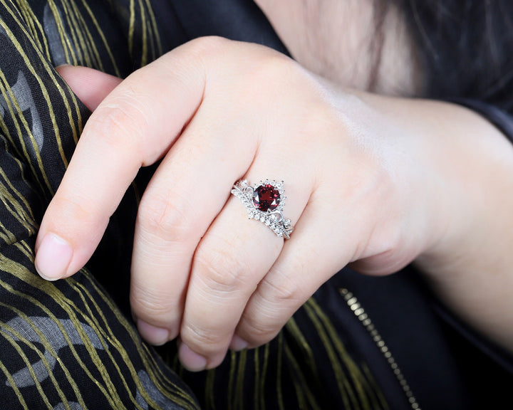 Vintage Round Rhodolite Garnet and Diamond Engagement Ring, Unique 14K White Gold Crown Garnet Wedding Ring, Art Deco Garnet Promise Ring - ShainJewelry