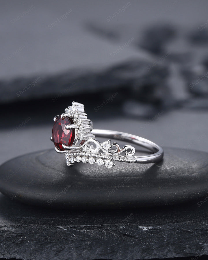 Vintage Round Rhodolite Garnet and Diamond Engagement Ring, Unique 14K White Gold Crown Garnet Wedding Ring, Art Deco Garnet Promise Ring - ShainJewelry