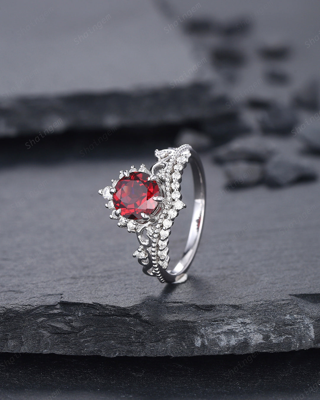 Vintage Round Rhodolite Garnet and Diamond Engagement Ring, Unique 14K White Gold Crown Garnet Wedding Ring, Art Deco Garnet Promise Ring - ShainJewelry