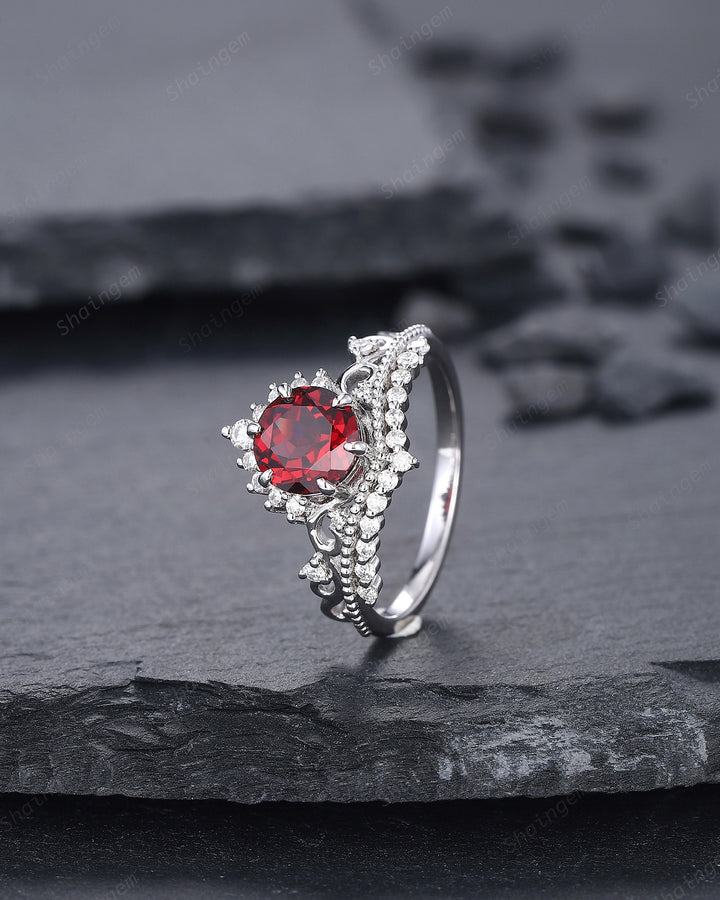 Vintage Round Rhodolite Garnet and Diamond Engagement Ring, Unique 14K White Gold Crown Garnet Wedding Ring, Art Deco Garnet Promise Ring - ShainJewelry