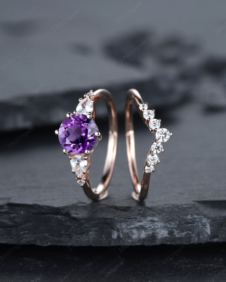 Vintage Round Amethyst and Moissanite Engagement Ring Set, Unique Rose Gold Amethyst Promise Ring, Amethyst Bridal Set Anniversary Ring Gift - ShainJewelry