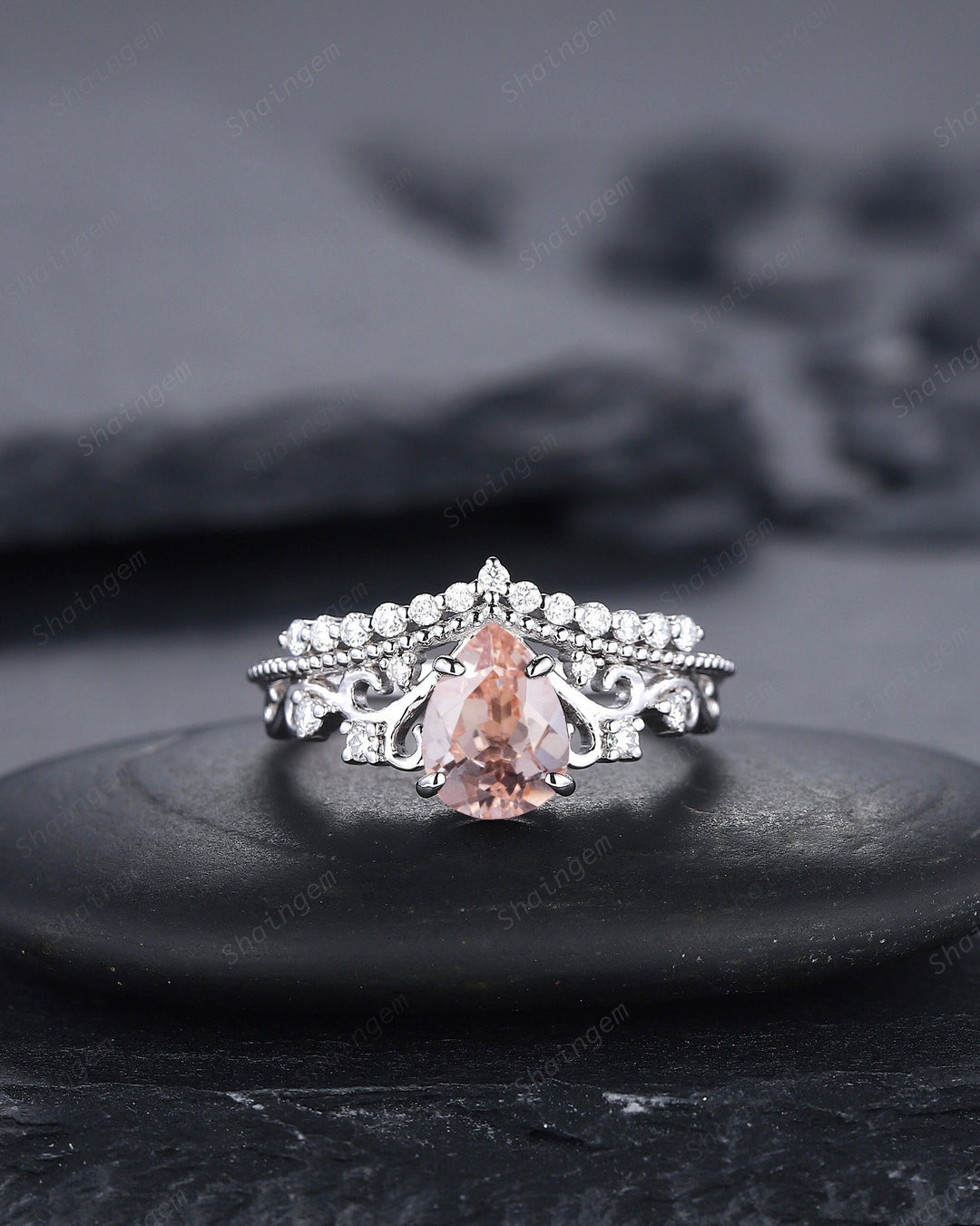 Unique Pear Natural Pink Morganite and Diamond Engagement Ring, White Gold Morganite Crown Wedding Promise Ring Anniversary Ring for her - ShainJewelry