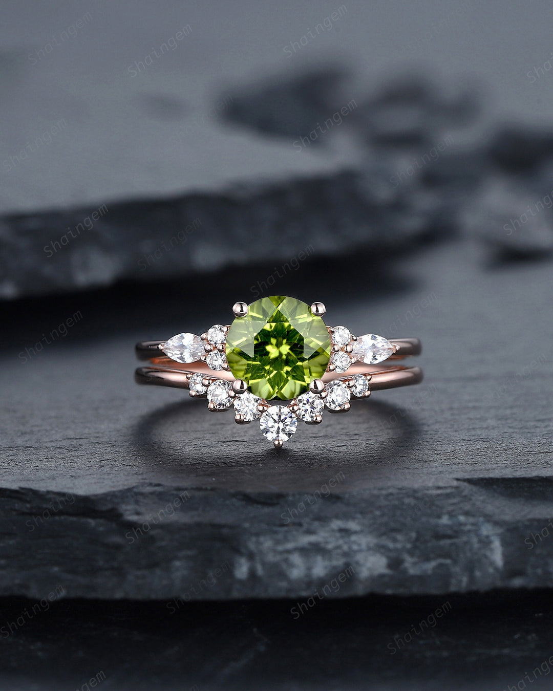 Vintage Round Peridot and Moissanite Engagement Ring Set, Unique Rose Gold Peridot Promise Ring, Peridot Bridal Set Anniversary Ring Gift - ShainJewelry