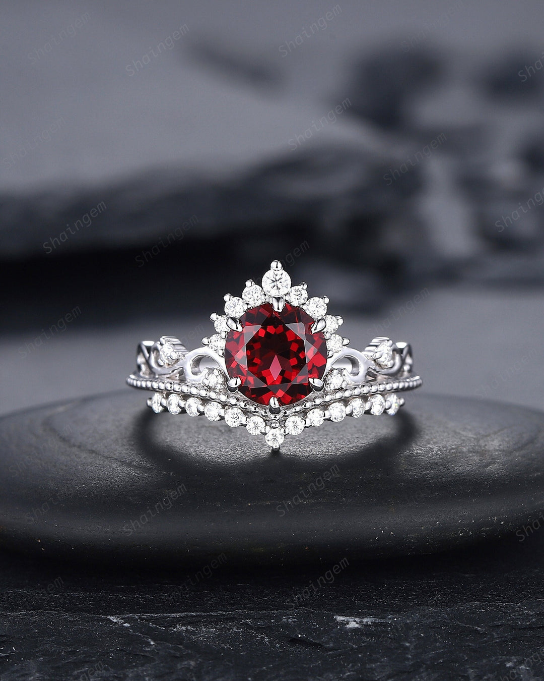 Vintage Round Rhodolite Garnet and Diamond Engagement Ring, Unique 14K White Gold Crown Garnet Wedding Ring, Art Deco Garnet Promise Ring - ShainJewelry
